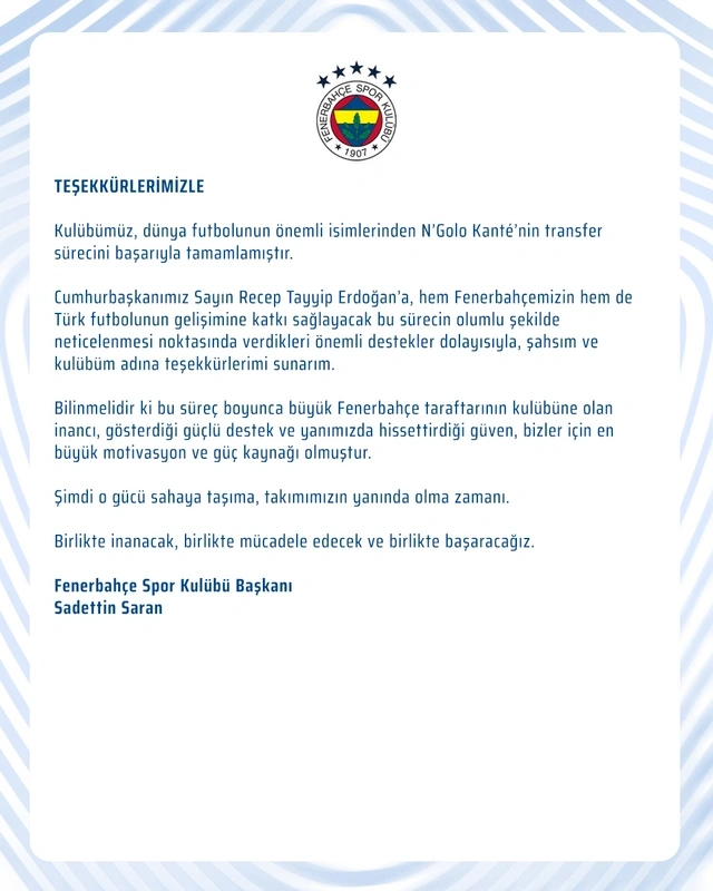"Fənərbağça" Kanteyə görə Rəcəb Tayyib Ərdoğana təşəkkür etdi - FOTO