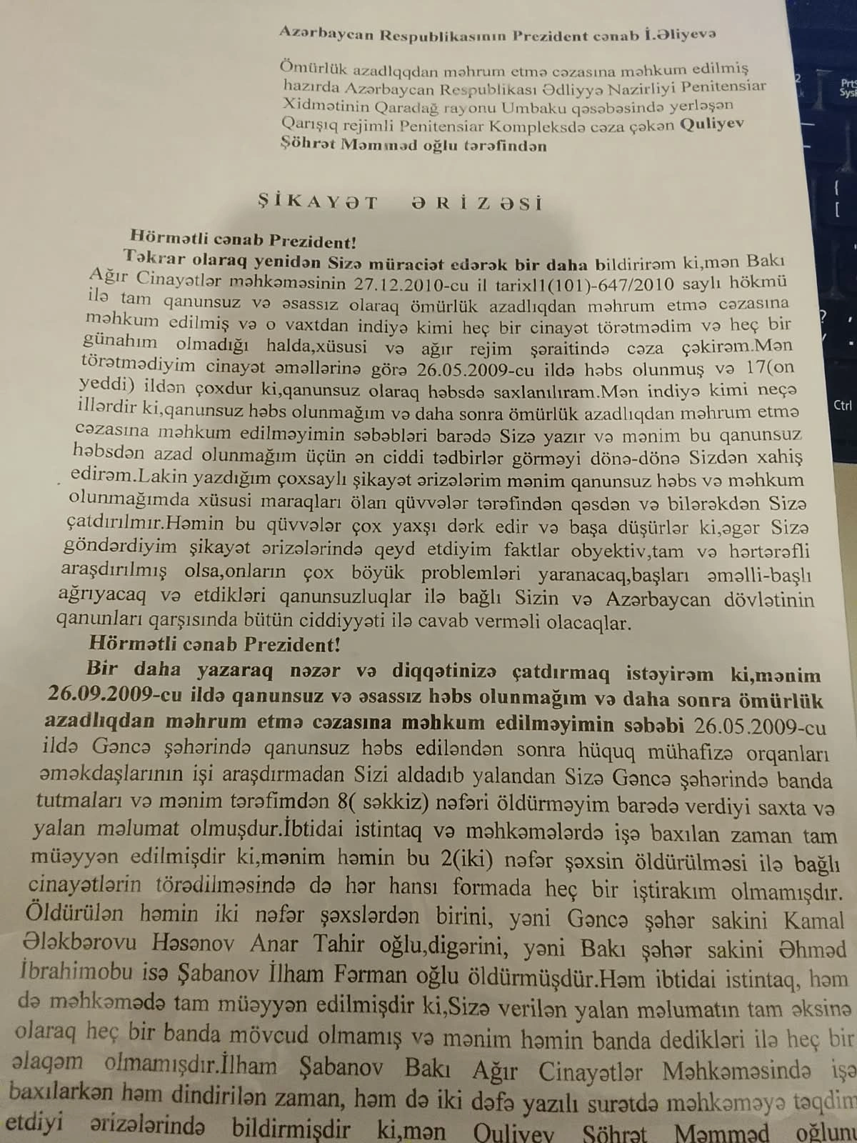 “17 ildir günahsız yerə həbsdə yatıram" - 70 yaşlı ömürlük məhkum