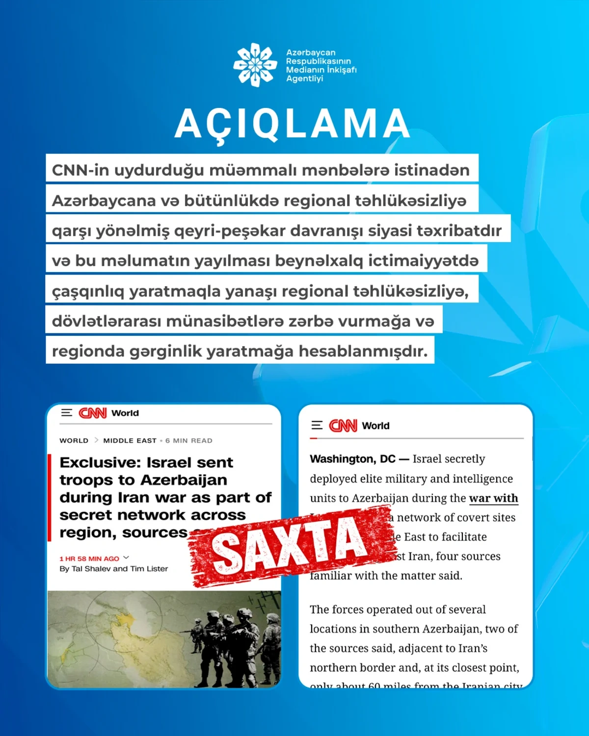 MEDİA: CNN-in Azərbaycanla bağlı dezinformasiyası siyasi təxribatdır - FOTO