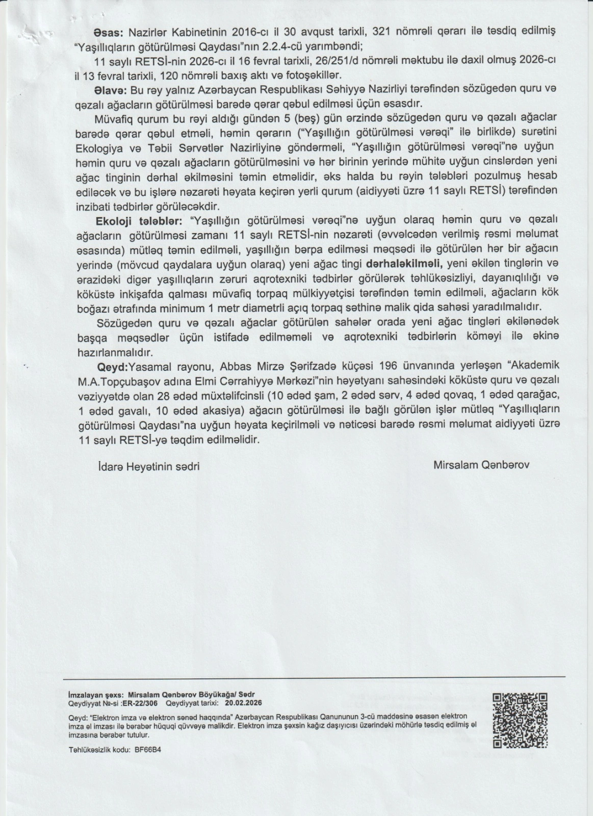 Elmi Cərrahiyyə Mərkəzi: "Kəsilən ağaclar quru və qəzalı vəziyyətdə olub" - FOTO