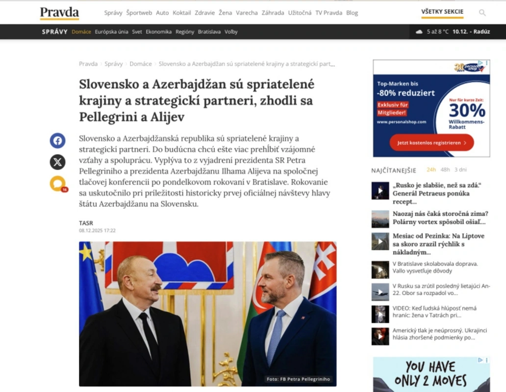 Azərbaycan Prezidentinin Slovakiyaya səfəri beynəlxalq medianın diqqət mərkəzində olub - FOTO