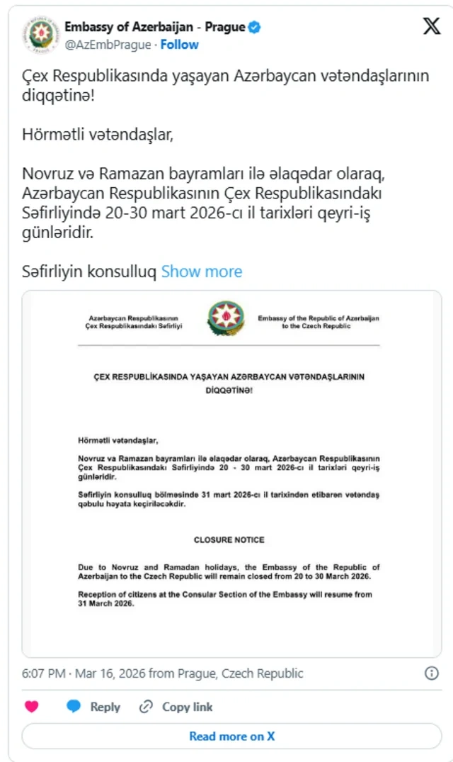 Azərbaycanın Çexiyadakı səfirliyi 10 gün konsulluq xidməti göstərməyəcək - FOTO