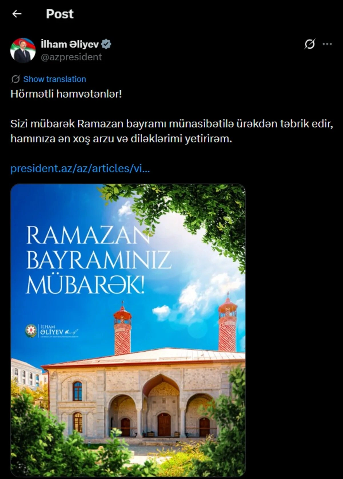 Prezidentin sosial media hesablarında Ramazan bayramı münasibətilə PAYLAŞIM - FOTO