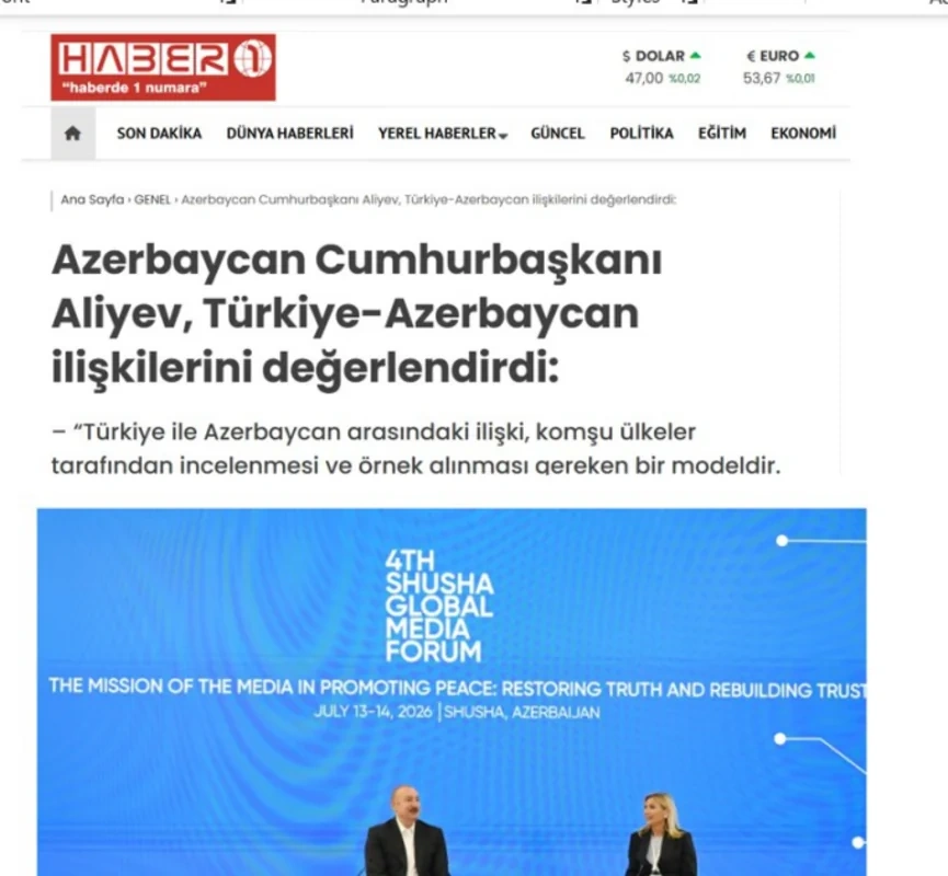 Prezidentin IV Şuşa Qlobal Media Forumundakı çıxışı Türkiyə mediasının diqqət mərkəzindəd - FOTO