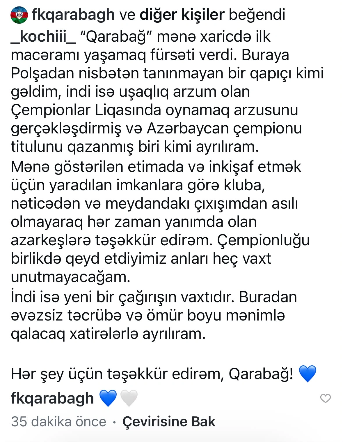 Koxalskidən Azərbaycan dilində vida: "Uşaqlıq arzumu gerçəkləşdirmiş şəkildə ayrılıram"