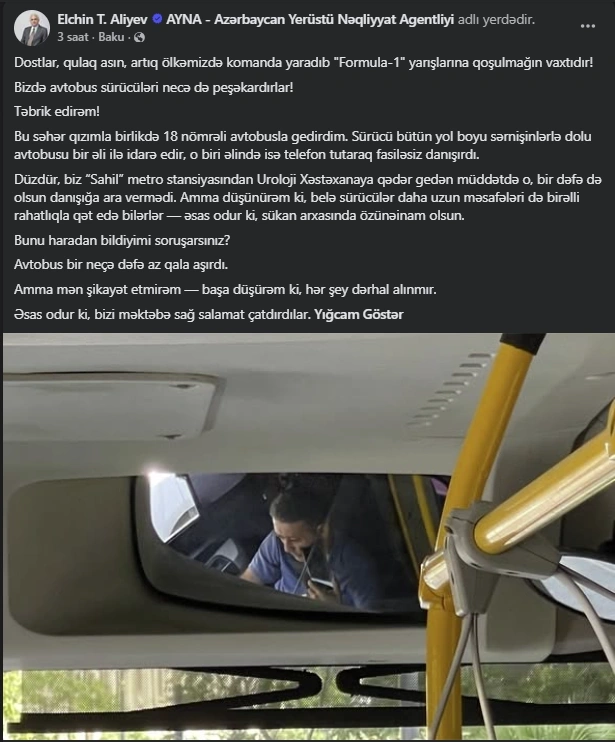 Telefonla danışaraq 18 saylı avtobusu idarə edən sürücü ilə bağlı TƏDBİR GÖRÜLDÜ