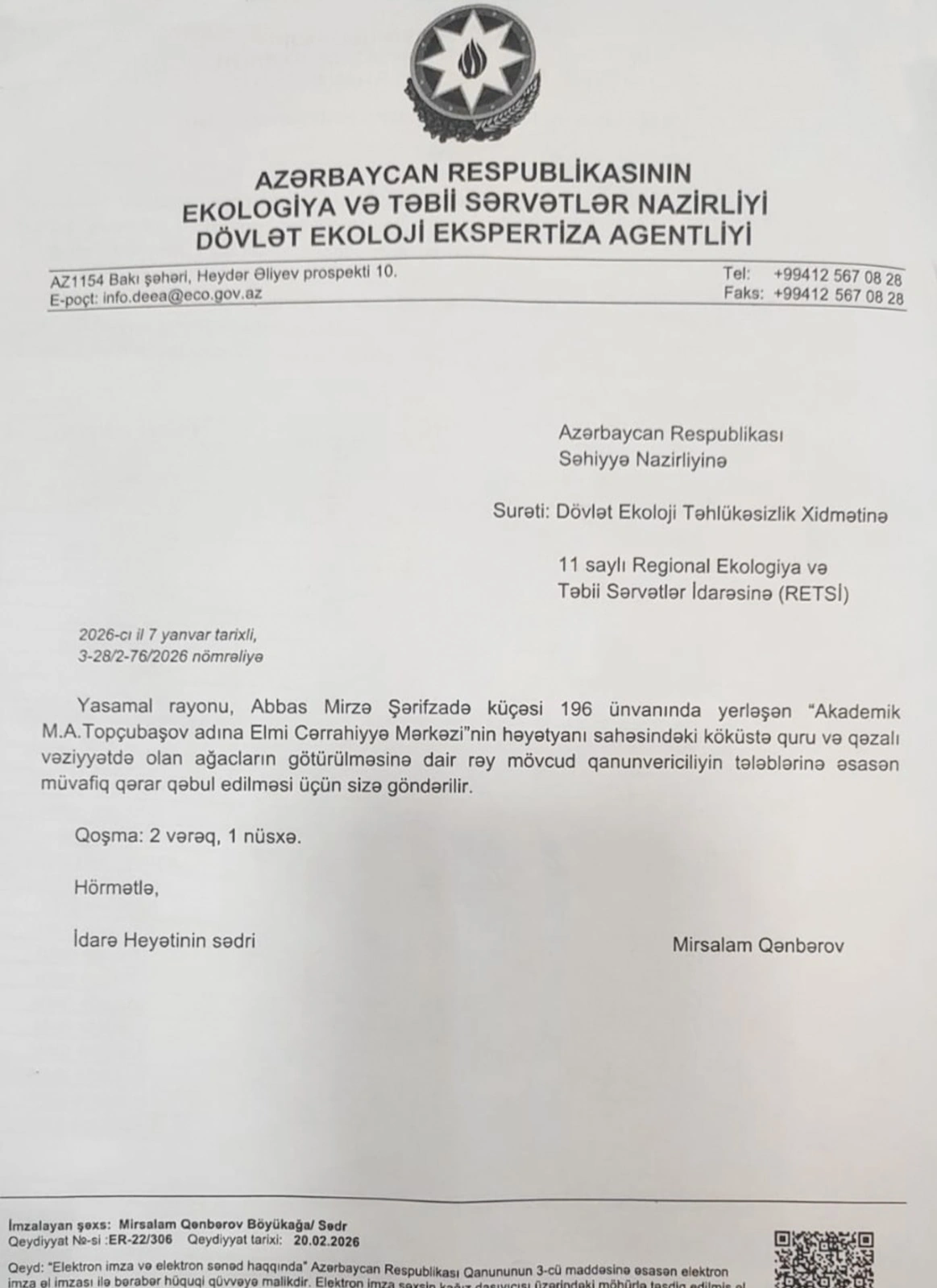Elmi Cərrahiyyə Mərkəzi: "Kəsilən ağaclar quru və qəzalı vəziyyətdə olub" - FOTO