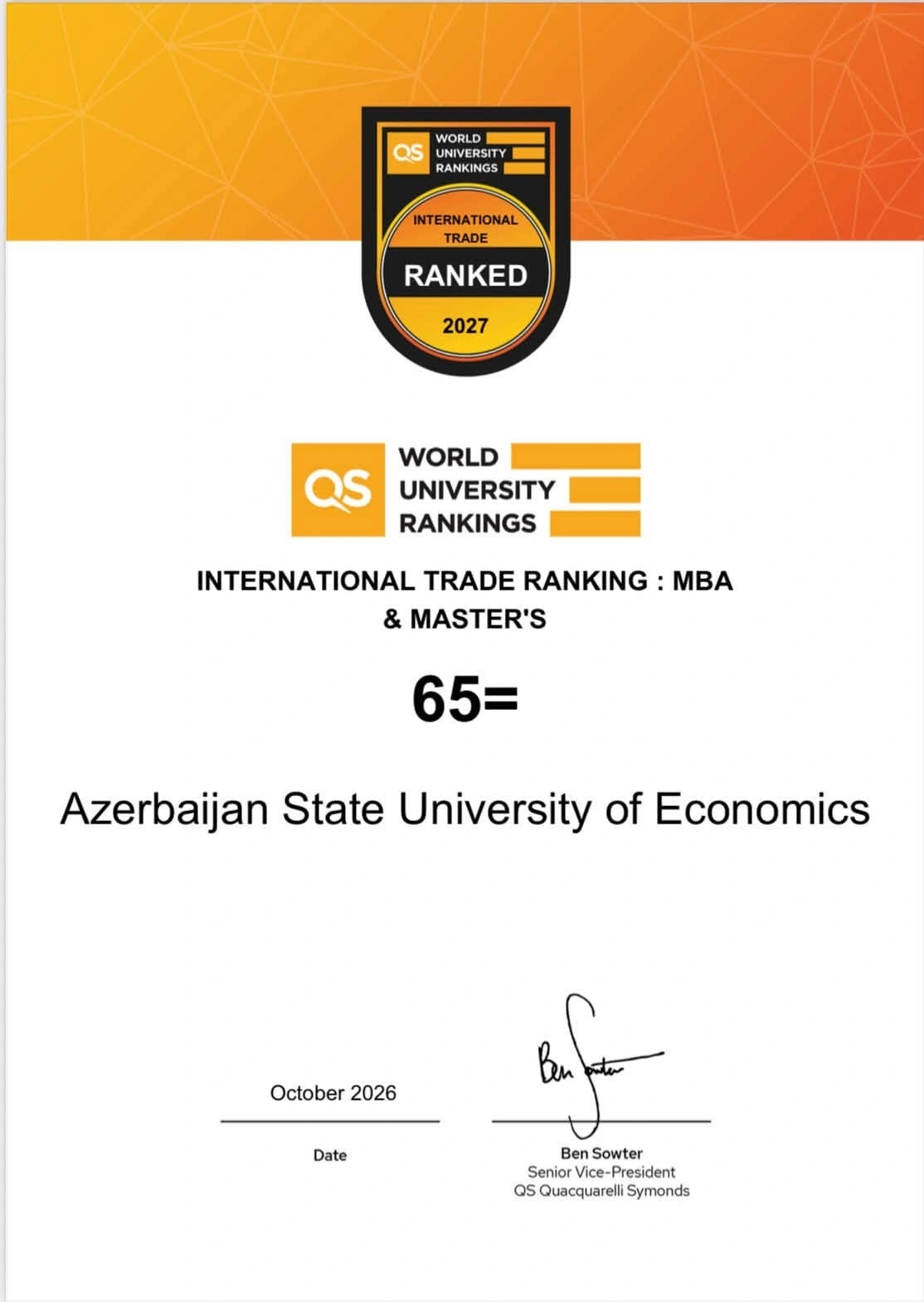 UNEC QS reytinqində beynəlxalq ticarət üzrə Azərbaycanda 1-cidir! - FOTO