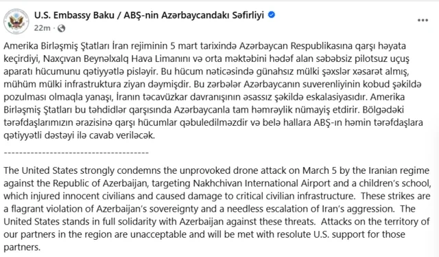 ABŞ səfirliyindən İranın ölkəmizə qarşı həyata keçirdiyi dron hücumuna SƏRT REAKSİYA - FOTO