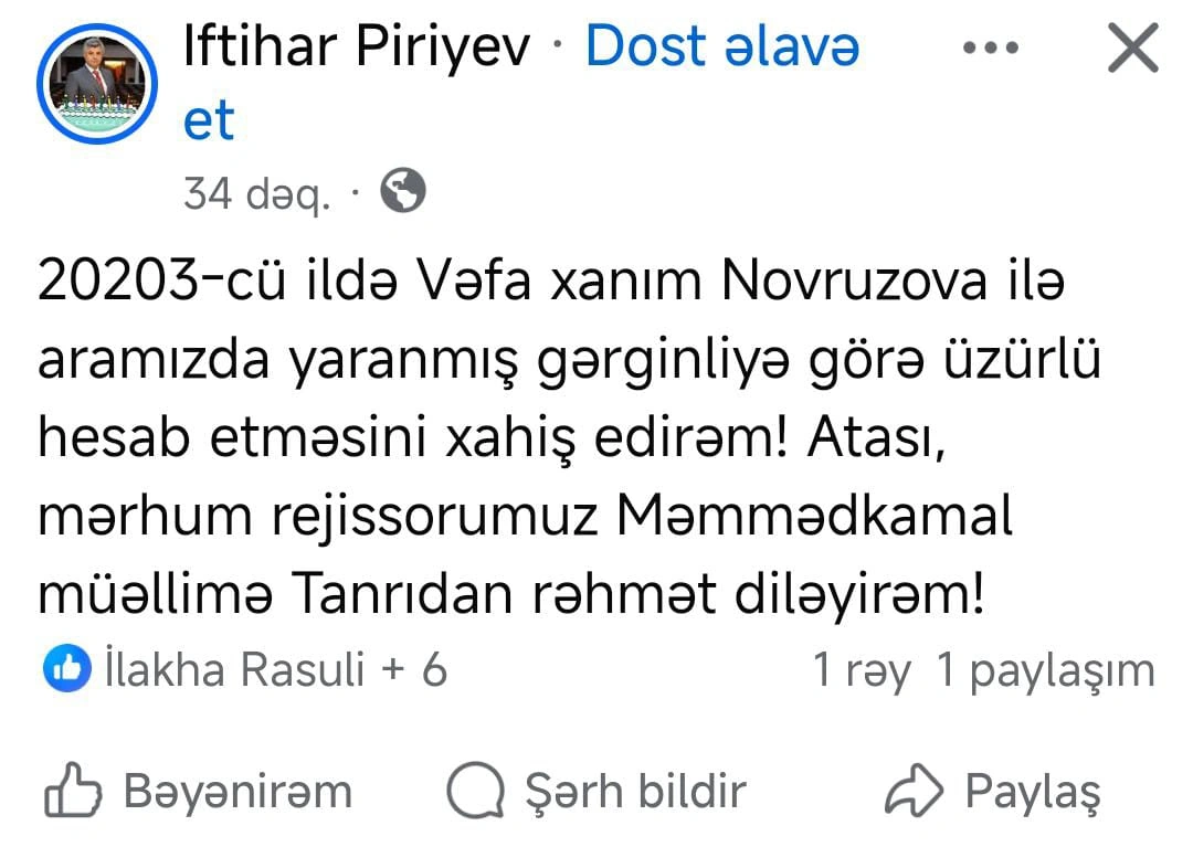 İftixar Piriyev təhqir etdiyi xanımdan üzr istədi