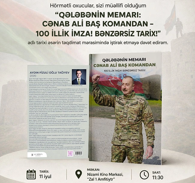 “QƏLƏBƏNİN MEMARI: CƏNAB ALİ BAŞ KOMANDAN” adlı tarixi əsərin təqdimat mərasimi keçiriləcək