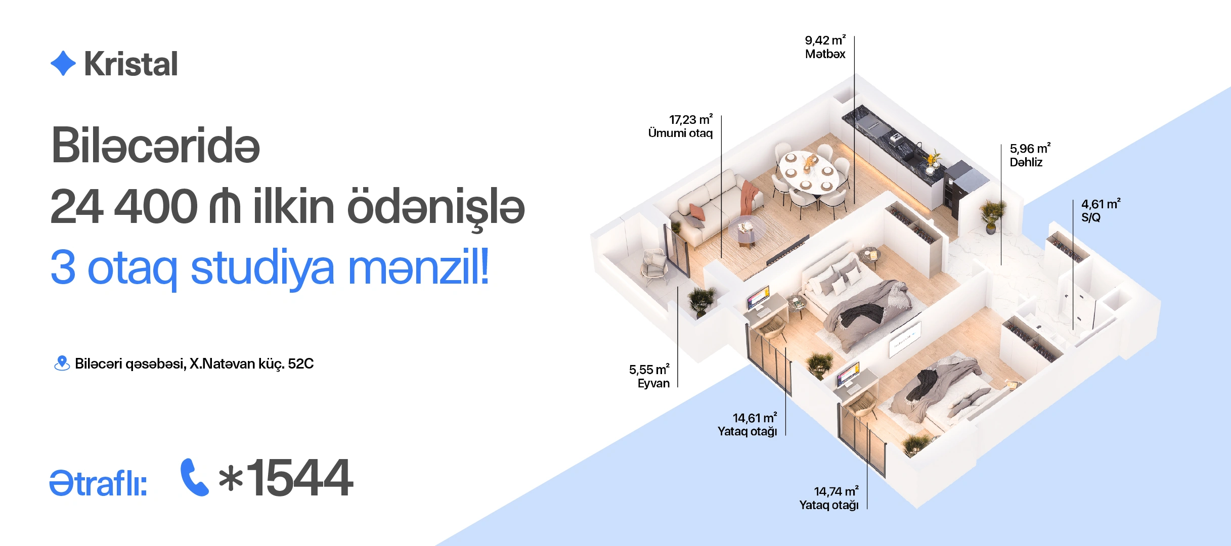Faizsiz, aylıq öhdəliksiz “Evini hissə-hissə al” modeli ilə Biləcəridə mənzil sahibi ol - “Kristal!”