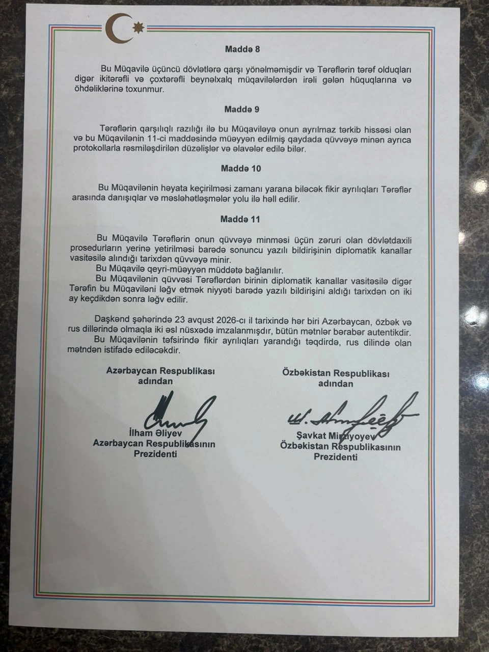 Azərbaycan və Özbəkistan arasında "Əbədi dostluq haqqında Müqavilə" imzalandı - FOTO