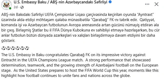 ABŞ səfirliyi "Qarabağ"ı təbrik etdi - FOTO