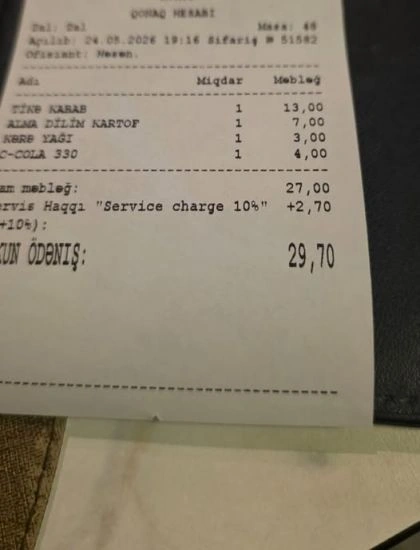 Bakıda restoran kartofu qızartdığı yağın pulunu da hesaba yazdı – “Tavanın da pulunu əlavə edin, ödənişi köçürüm” - FOTO