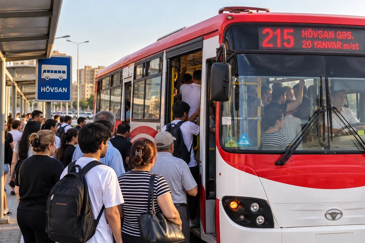 Qapıları bağlanmayan avtobuslar, pilləkəndə qalan insanlar: Hövsanda nəqliyyat kabusu - VİDEO